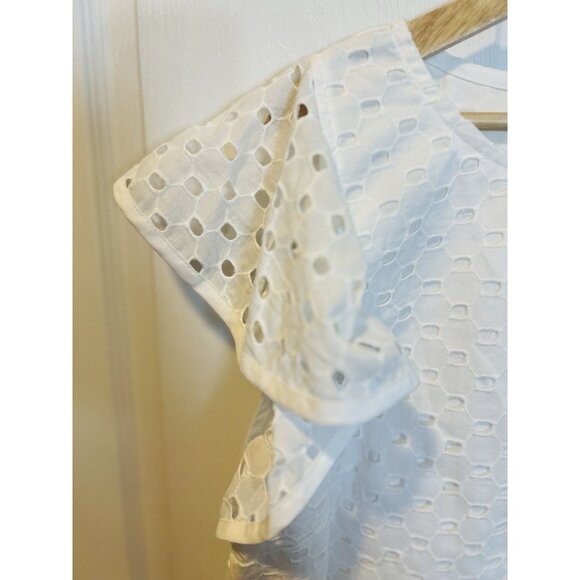Inclan Studio White Eyelet Short Flutter Sleeve Top Large 100% Cotton Round Neck - Picture 3 of 7